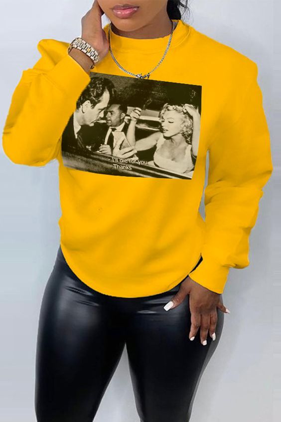 Yellow Casual Street Figure Print O Neck Tops