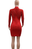 Red Sexy Solid Color Patchwork See-Through Hot Drill Zipper Half A Turtleneck Wrapped Skirt Dresses