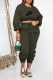 Army Green Casual Letter Print Lace Up O Neck Long Sleeve Two Pieces