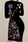 Black Yellow Sexy Print Patchwork O Neck Wrapped Skirt Dresses