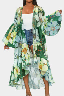 Green Casual Print Patchwork Cardigan Collar Outerwear