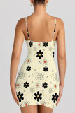 Beige Sexy Print Patchwork Backless Spaghetti Strap Sling Dresses
