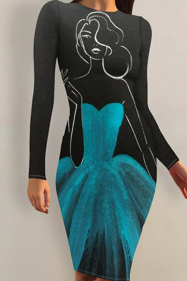 Black Green Sexy Print Patchwork O Neck Wrapped Skirt Dresses