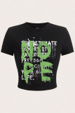 Black Casual Print Patchwork O Neck T-Shirts