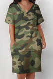 Pink Casual Camouflage Print Pocket Contrast V Neck Printed Plus Size Dresses