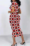 Red Street Geometric Print Patchwork O Neck Wrapped Skirt Dresses