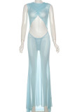 Light Blue Elegant Solid Color Hollow Out Patchwork O Neck Long Dresses