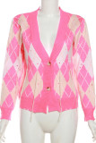 Pink Casual Plaid Buttons Patchwork V Neck Long Sleeve Two Pieces