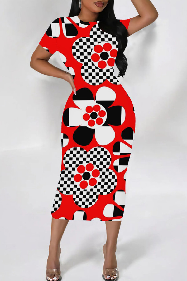 White Red Street Geometric Print Patchwork O Neck Wrapped Skirt Dresses
