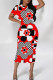 White Red Street Geometric Print Patchwork O Neck Wrapped Skirt Dresses