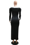 Black Casual Patchwork Slit Turndown Collar Long Dresses
