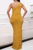 Yellow Sexy Solid Color Sequins Backless High Slit Oblique Collar Long Dresses