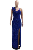Blue Sexy Solid Color Sequins Patchwork Backless High Slit Spaghetti Strap Sling Dresses