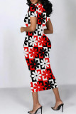 Red Street Geometric Print Patchwork O Neck Wrapped Skirt Dresses
