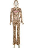 Leopard Print Sexy Leopard Print Patchwork Zipper Zipper Collar Long Sleeve Two Pieces
