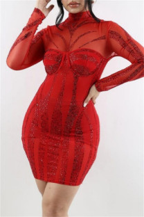 Red Sexy Hot Solid Color Patchwork See-Through Hot Drill Turtleneck Wrapped Skirt Dresses