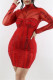 Red Sexy Hot Solid Color Patchwork See-Through Hot Drill Turtleneck Wrapped Skirt Dresses
