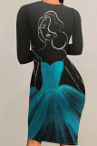 Black Yellow Sexy Print Patchwork O Neck Wrapped Skirt Dresses