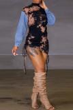 Blue Black Sexy Print Draw String Patchwork Contrast O Neck Wrapped Skirt Dresses