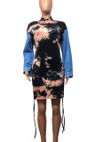 Blue Black Sexy Print Draw String Patchwork Contrast O Neck Wrapped Skirt Dresses