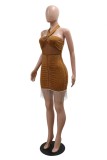 Deep Coffee Sexy Patchwork Hot Drilling Fringed Trim Backless Belted Halter Wrapped Skirt Dresses