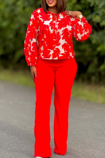 Red Casual Print Patchwork Strap Design O Neck Long Sleeve Two Pieces