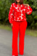 Red Casual Print Patchwork Strap Design O Neck Long Sleeve Two Pieces