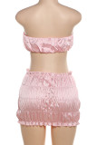 Pink Sexy Solid Color Patchwork Ruched Strapless Sleeveless Two Pieces