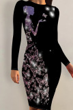 Black Yellow Sexy Print Patchwork O Neck Wrapped Skirt Dresses