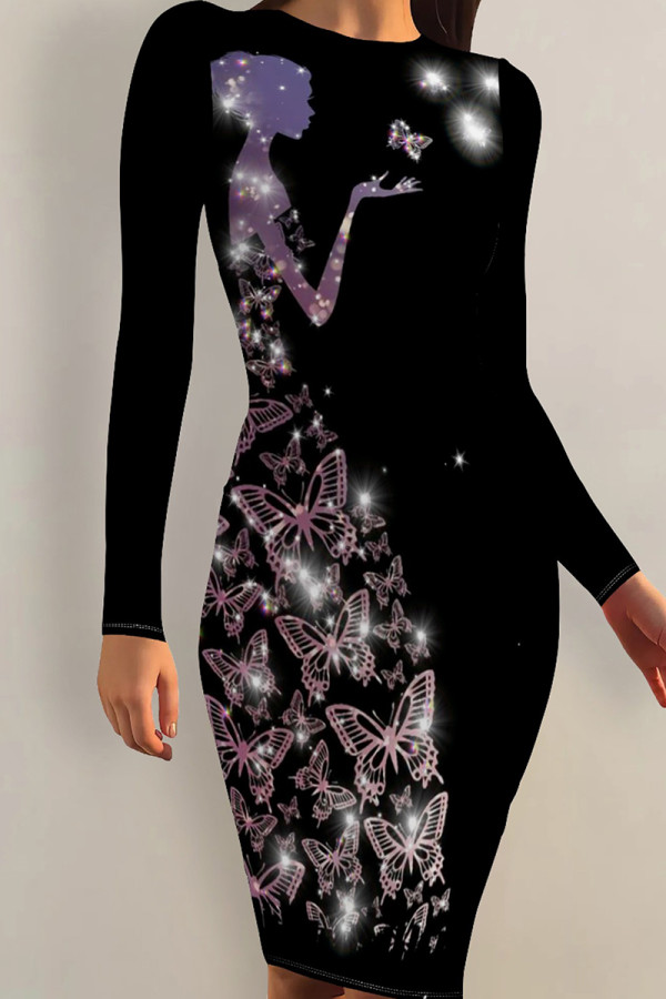 Black Purple Sexy Print Patchwork O Neck Wrapped Skirt Dresses