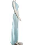 Light Blue Elegant Solid Color Hollow Out Patchwork O Neck Long Dresses