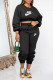 Black Casual Letter Print Lace Up O Neck Long Sleeve Two Pieces