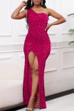 Yellow Sexy Solid Color Sequins Backless High Slit Oblique Collar Long Dresses