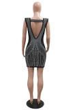 Black Sexy Patchwork Hot Drilling Backless Deep V Neck Wrapped Skirt Dresses