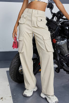 Apricot Casual Solid Color Pocket Buttons Patchwork Zipper Mid Waist Straight Patchwork Bottoms