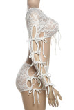White Sexy Solid Color Lace Hollow Out Patchwork See-Through Strap Design O Neck Long Sleeve Two Pieces