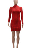 Red Sexy Solid Color Patchwork See-Through Hot Drill Zipper Half A Turtleneck Wrapped Skirt Dresses