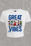 White Casual Print Patchwork O Neck T-Shirts