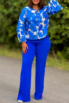 Blue Casual Print Patchwork Strap Design O Neck Long Sleeve Two Pieces