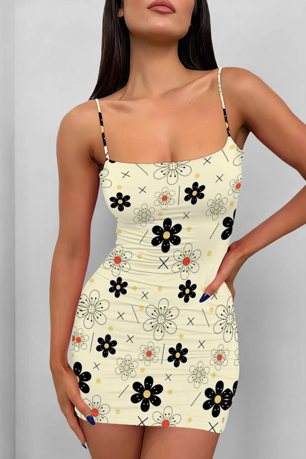 Beige Sexy Print Patchwork Backless Spaghetti Strap Sling Dresses