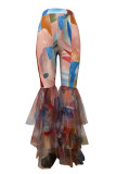 Blue Sexy Print Patchwork Ruffle Hem Skinny High Waist Speaker Full Print Bottoms