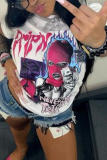 White Casual Street Cartoon Print Letter Print O Neck T-Shirts