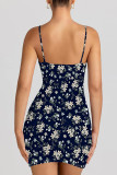 Beige Sexy Print Patchwork Backless Spaghetti Strap Sling Dresses
