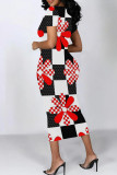 Red Street Geometric Print Patchwork O Neck Wrapped Skirt Dresses