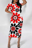 Red Street Geometric Print Patchwork O Neck Wrapped Skirt Dresses