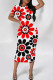 Red White Street Geometric Print Patchwork O Neck Wrapped Skirt Dresses