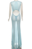 Light Blue Elegant Solid Color Hollow Out Patchwork O Neck Long Dresses