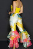 Blue Sexy Print Patchwork Ruffle Hem Skinny High Waist Speaker Full Print Bottoms
