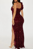 Blue Sexy Solid Color Sequins Patchwork Backless High Slit Spaghetti Strap Sling Dresses