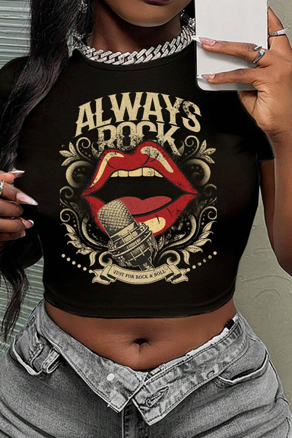 Black Casual Print Patchwork O Neck T-Shirts